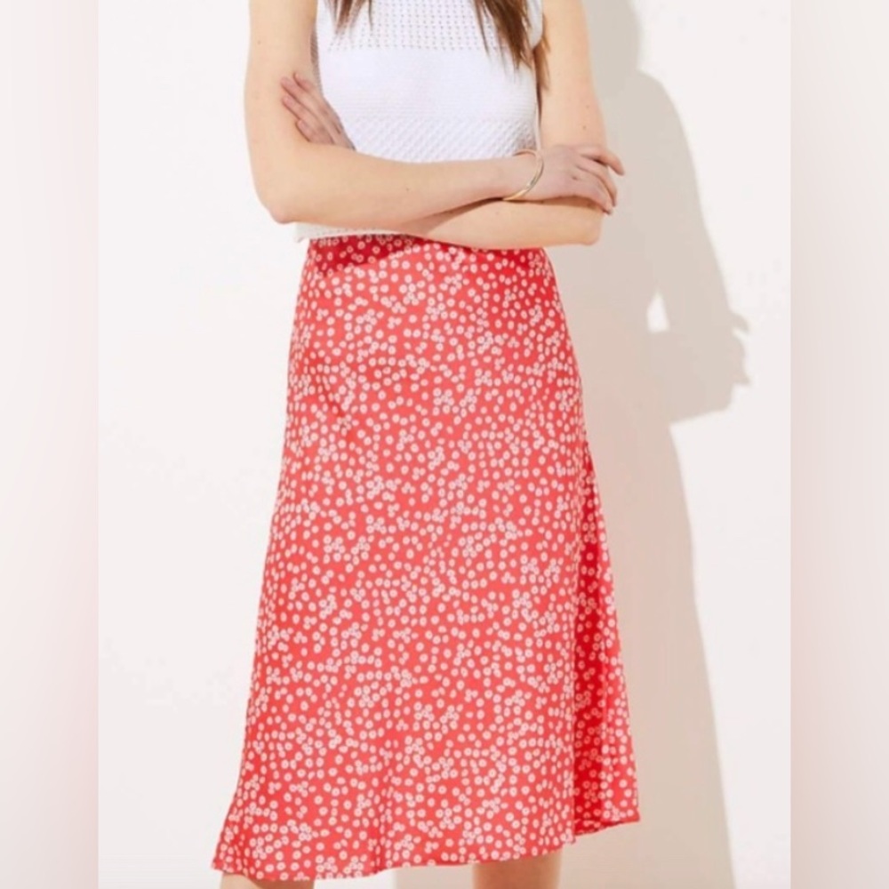 LOFT Coral Pink Dot Midi Skirt